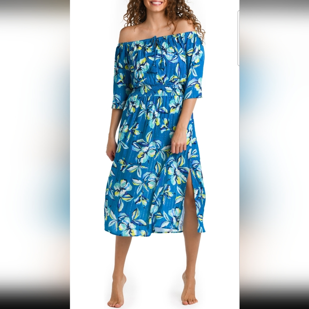 La Blanca Metallic Stripe Off The Shoukder Blue Floral Midi Dress
